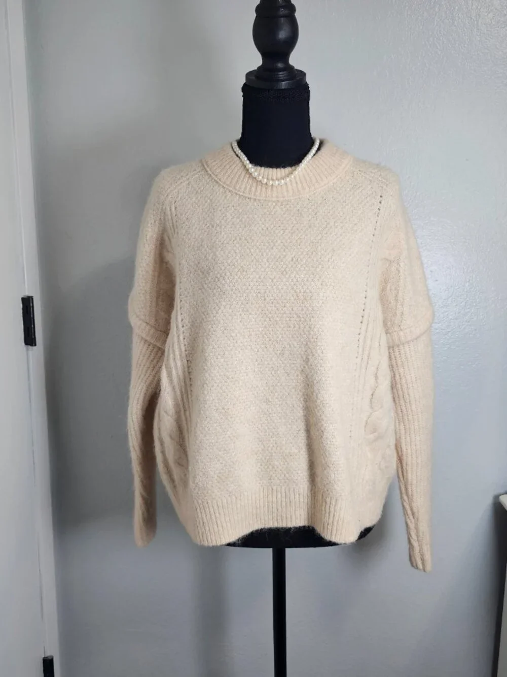 Madewell Cable Knit Beige Crewneck Boxy Pullover Alpaca Sweater Size Small NEW - Picture 2 of 7
